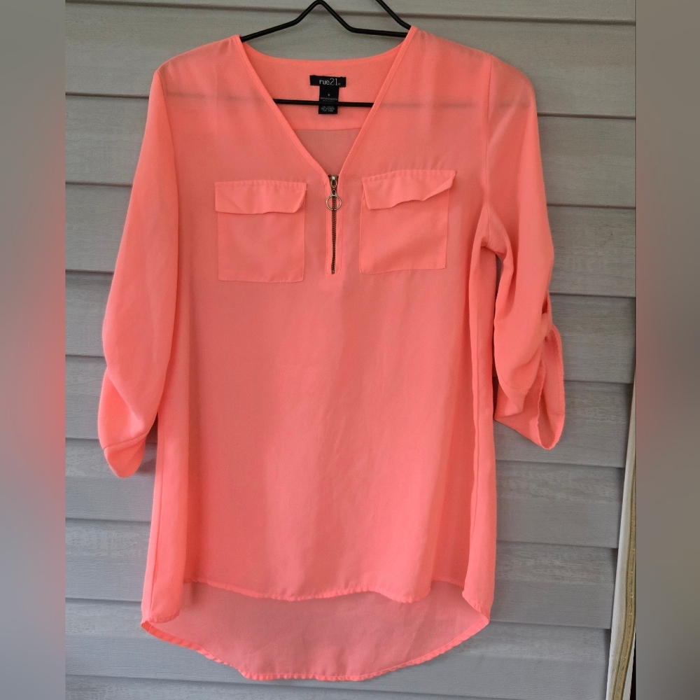 Womens Salmon Blouse Sheer And Zipper Quarter Sleeve